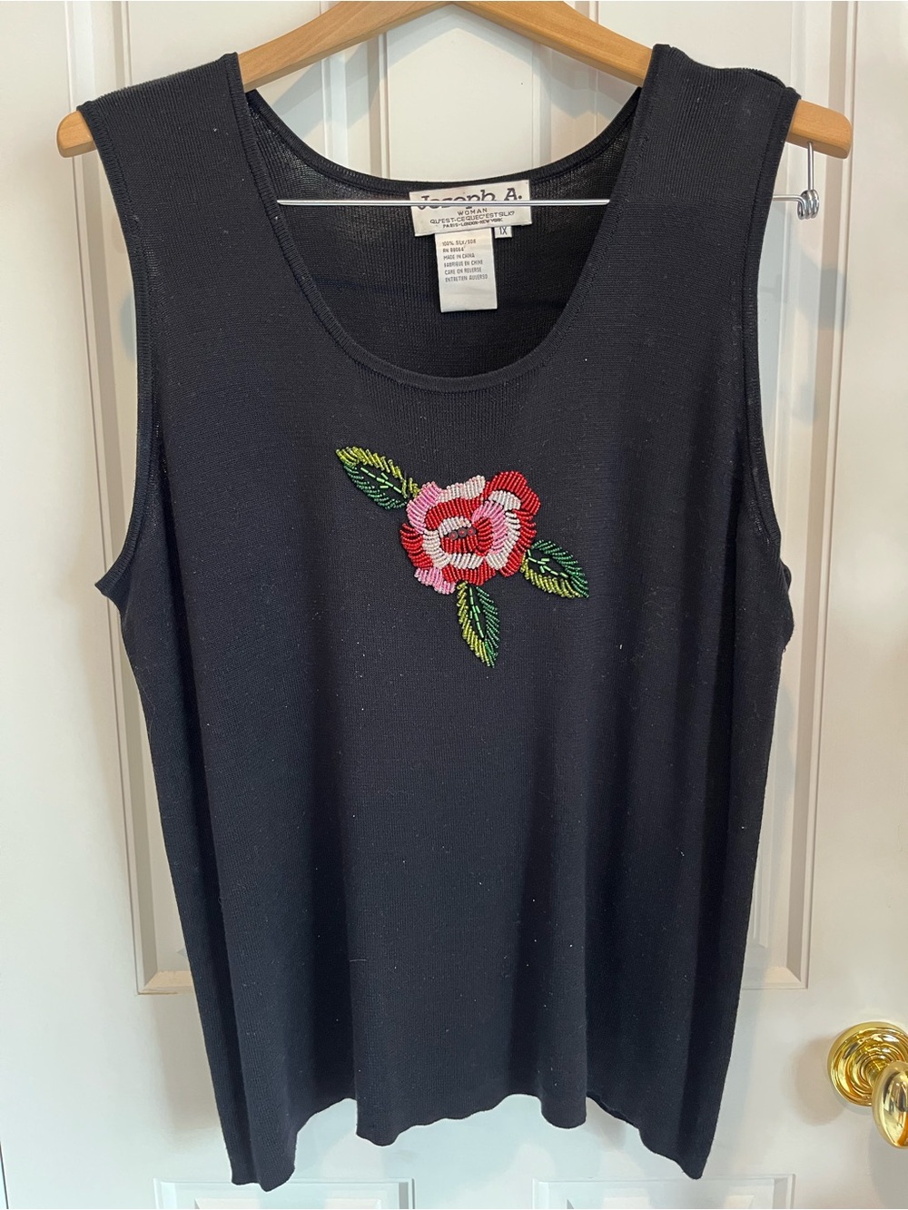 Joseph Black Sleeveless Tank with Pink and Red Floral Embroidery